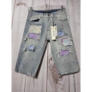 Blue Cult Shorts Womens 28 Distressed Patchwork‎ Denim Bermuda Cut Off Frayed
